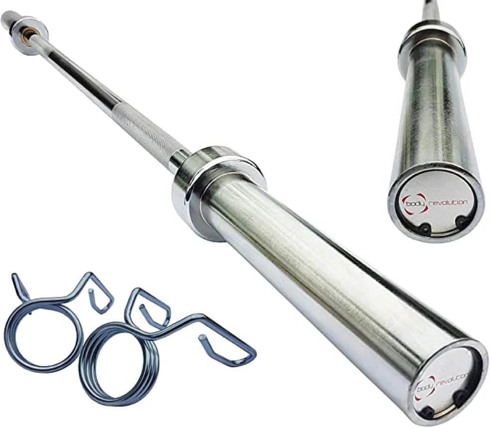 5ft Body Revolution Olympic Barbell Bar with a shiny chrome finish, knurled grip, and included spring collars for secure weight lifting