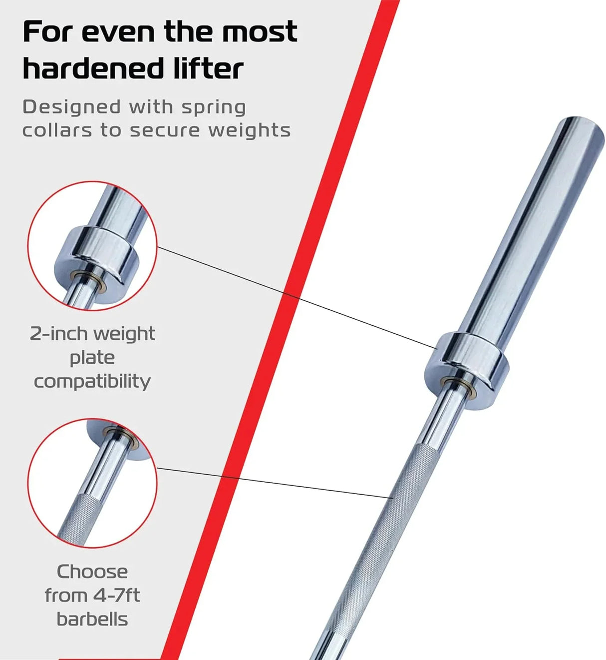 5ft Body Revolution Olympic Barbell with chrome finish, textured grip, and spring collars for secure weight plate compatibility