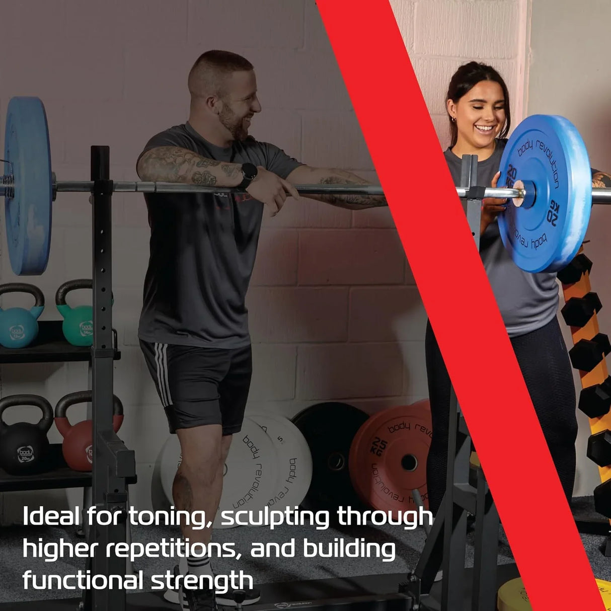 Body Revolution 4ft Barbell Bar & T-Bar Row Bundle displayed in a gym, featuring vibrant blue weights and a sleek design for strength training