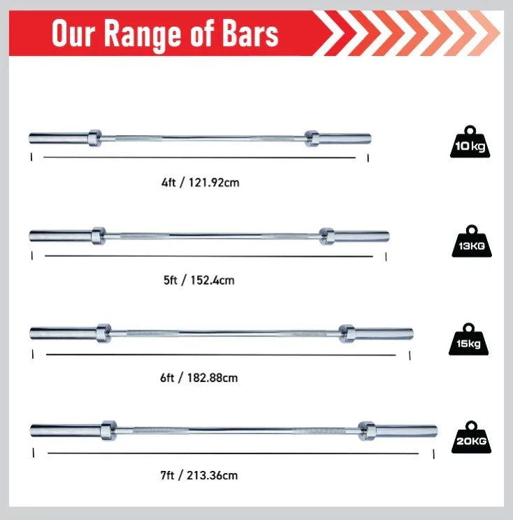 7ft Body Revolution Olympic Barbell Bar displayed with various lengths, showcasing its sleek chrome finish and sturdy design
