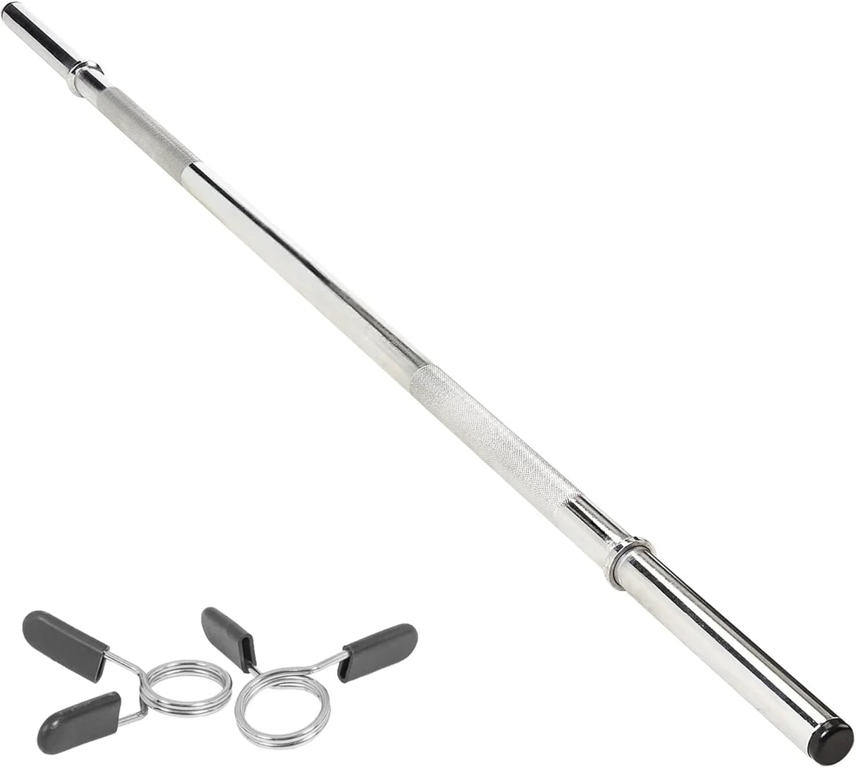 Straight barbell bar, 1" standard, 1.2m length, featuring a shiny chrome finish, knurled grip, and included springlock clips for secure weight plates