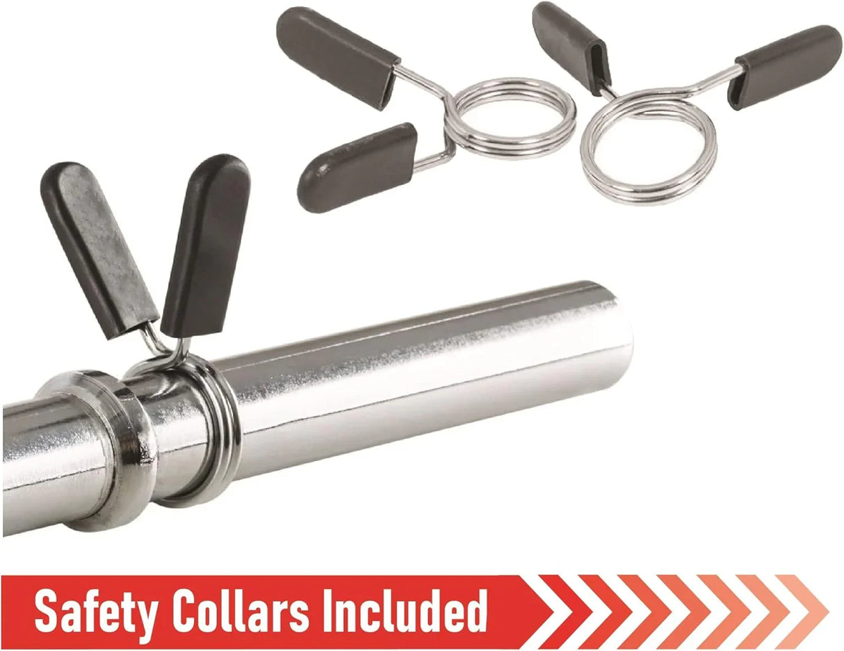 Straight barbell bar with a shiny chrome finish, featuring springlock safety collars for secure weight lifting and exercise stability