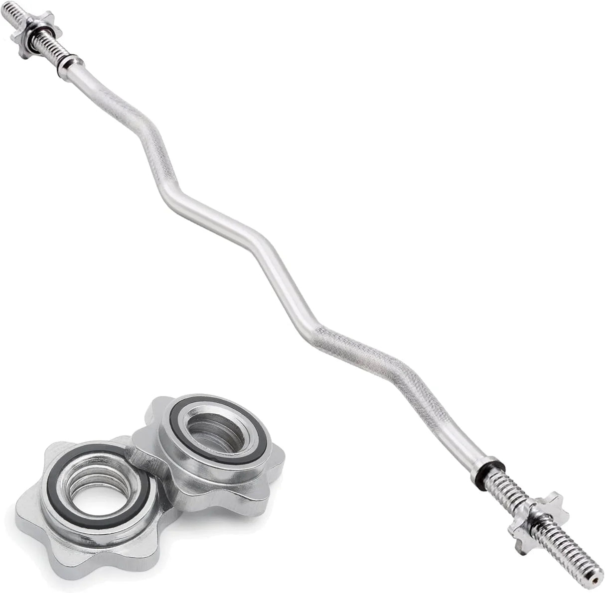 Body Revolution 1.2m EZ barbell bar with a sleek silver finish, featuring textured grip and spinlock collars for secure weight adjustments