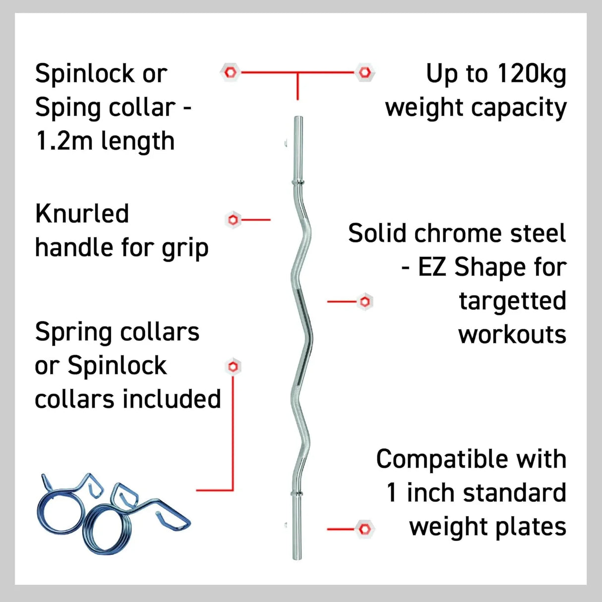 Body Revolution 1.2m EZ Barbell Bar in solid chrome steel, featuring knurled grip, spring collars, and a wavy design for targeted workouts