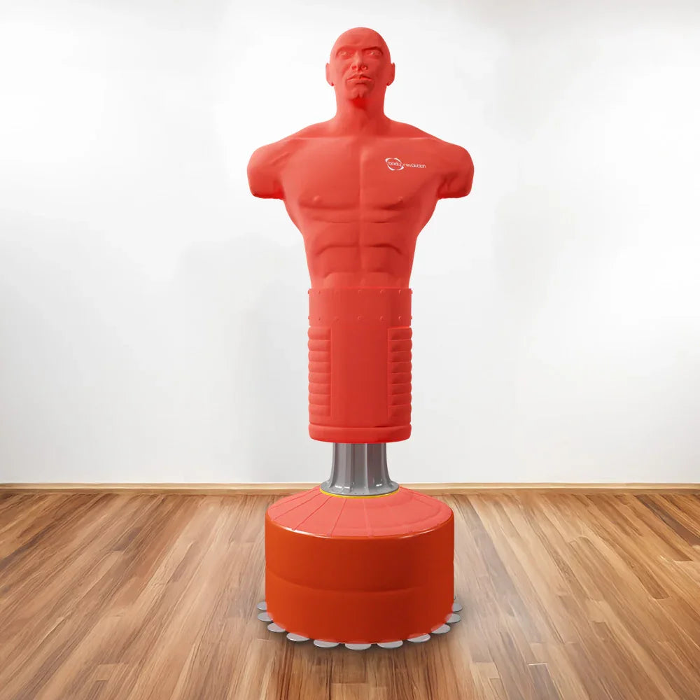 Extra large free-standing boxing dummy in bright red, featuring a muscular torso and sturdy base, ideal for training and practice