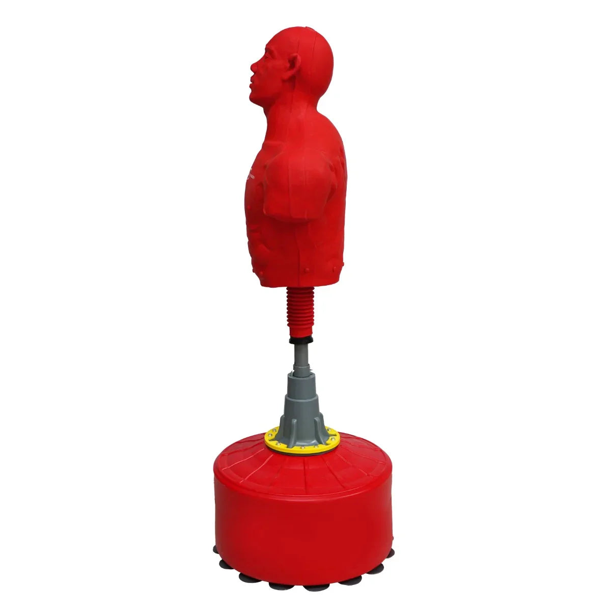 Large free-standing boxing dummy in bright red, featuring a muscular torso and a sturdy base for stability during training sessions