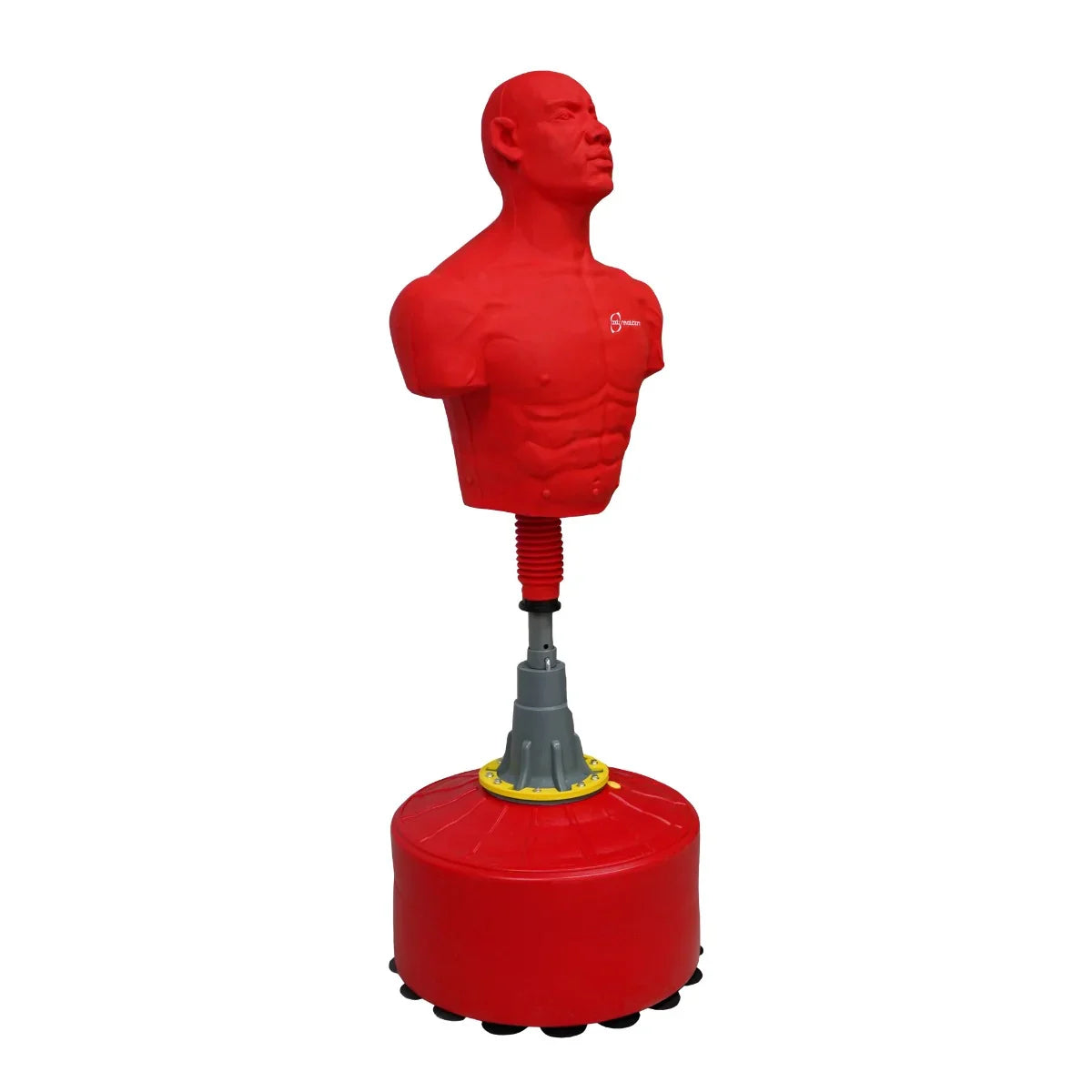 Large free-standing boxing dummy in bright red, featuring a muscular torso and a sturdy base for stability during training sessions