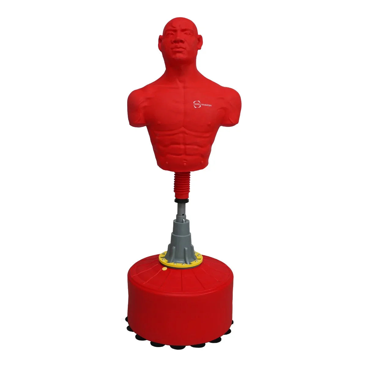 Large free-standing boxing dummy in bright red, featuring a muscular upper body, sturdy base, and adjustable height for training sessions