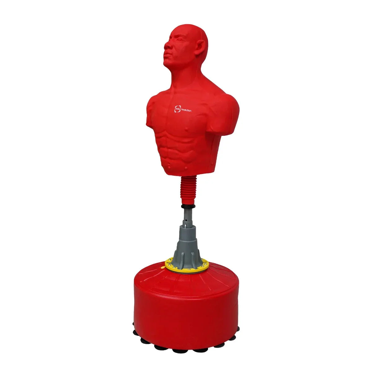 Large free-standing boxing dummy in bright red, featuring a muscular torso and adjustable height, ideal for training and practice