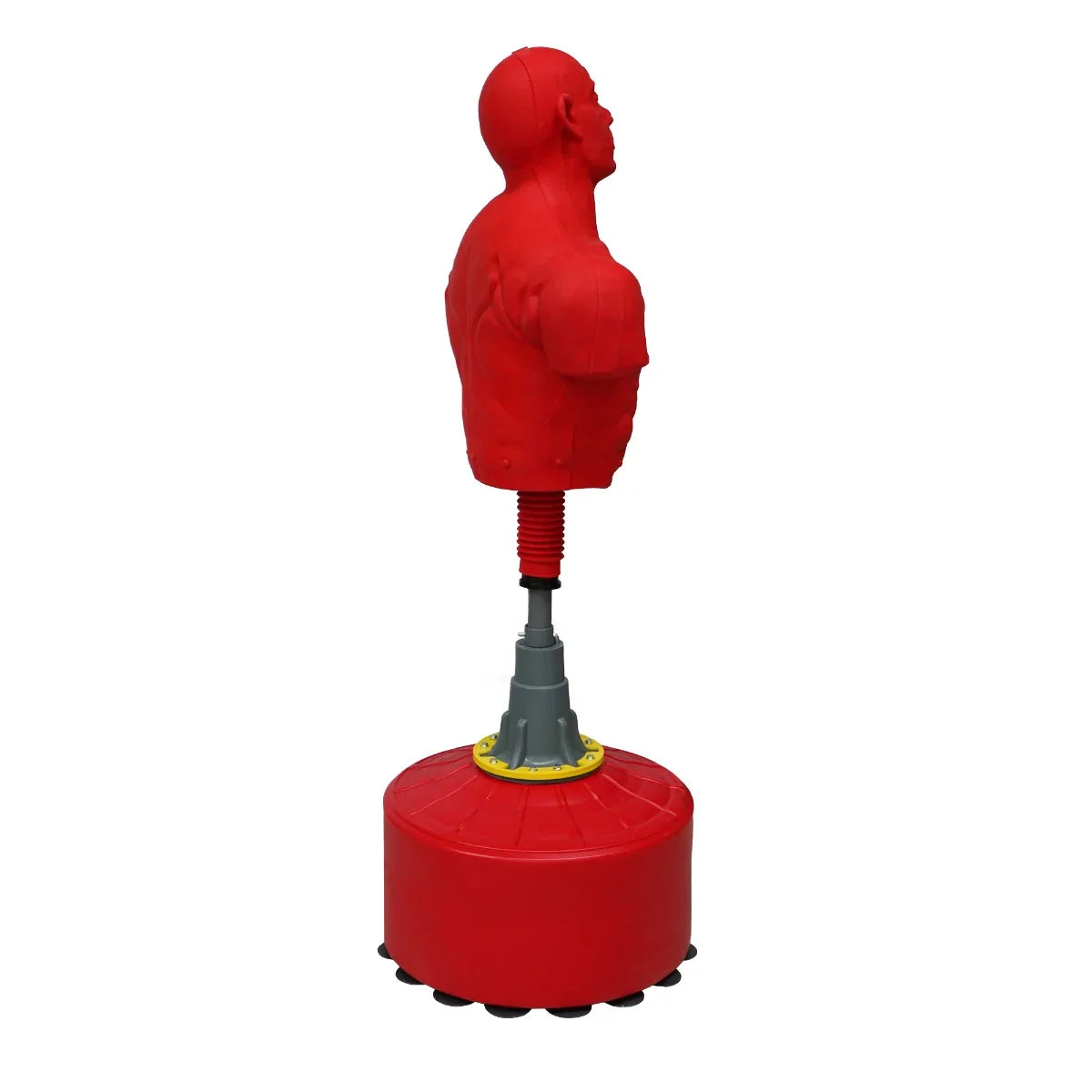 Large free-standing boxing dummy in bright red, featuring a muscular upper body, sturdy base, and adjustable height for training