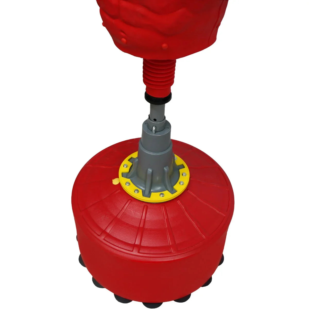 Large free-standing boxing dummy with a sturdy red base and textured surface, designed for training and fitness workouts