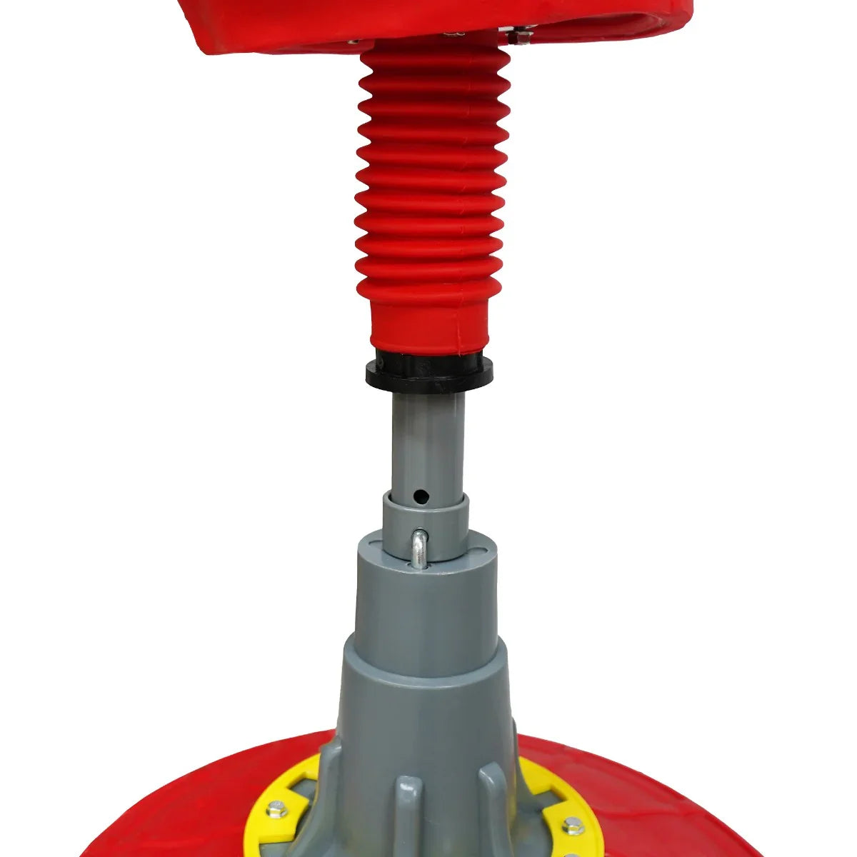 Red and gray free-standing boxing dummy with adjustable height, featuring a sturdy base and flexible spring for realistic training