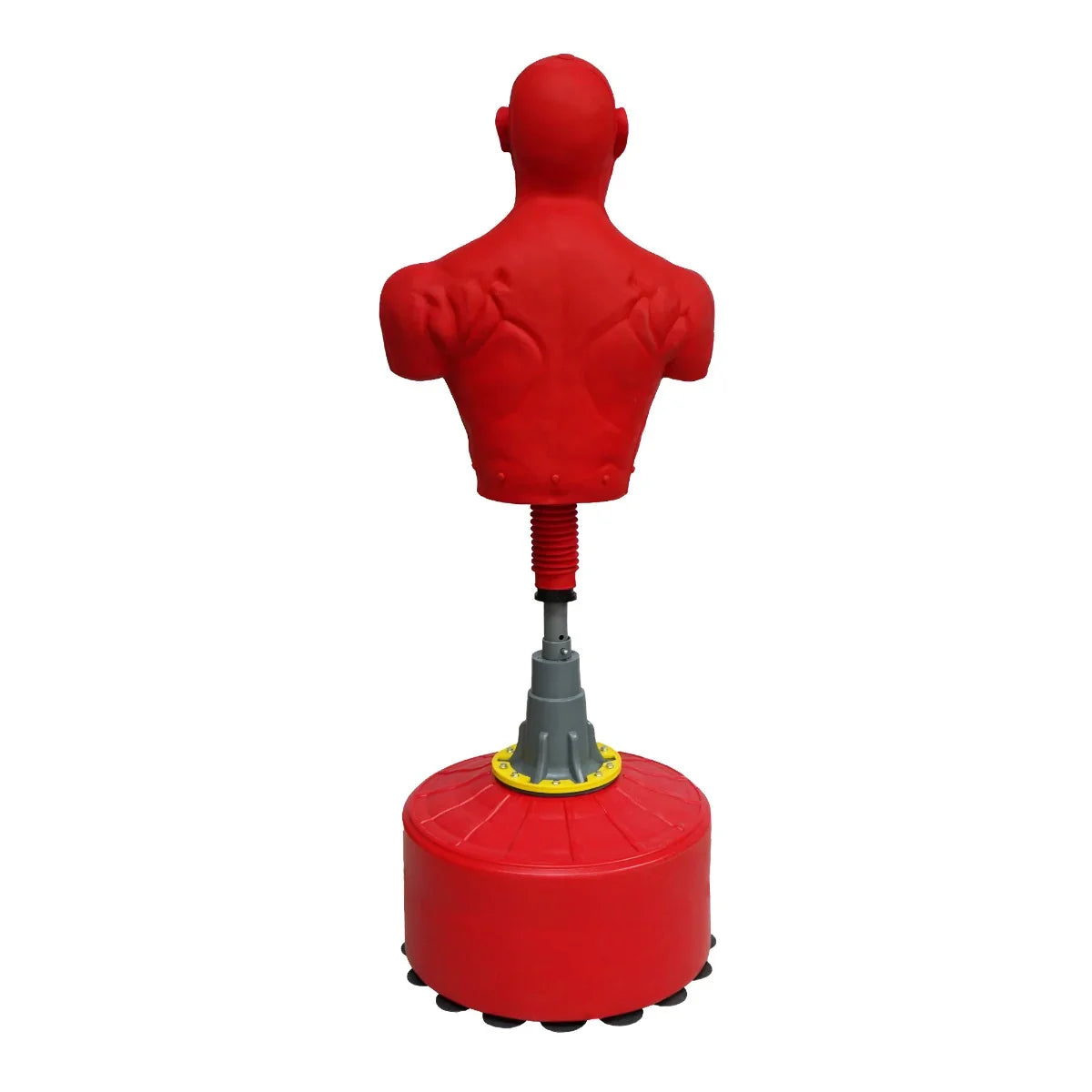 Large free-standing boxing dummy in red, featuring a muscular torso, sturdy base, and adjustable height for training sessions