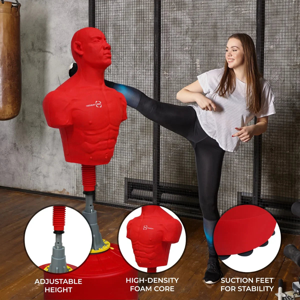 Large free-standing boxing dummy in red with adjustable height, high-density foam core, and suction feet for stability, ideal for training