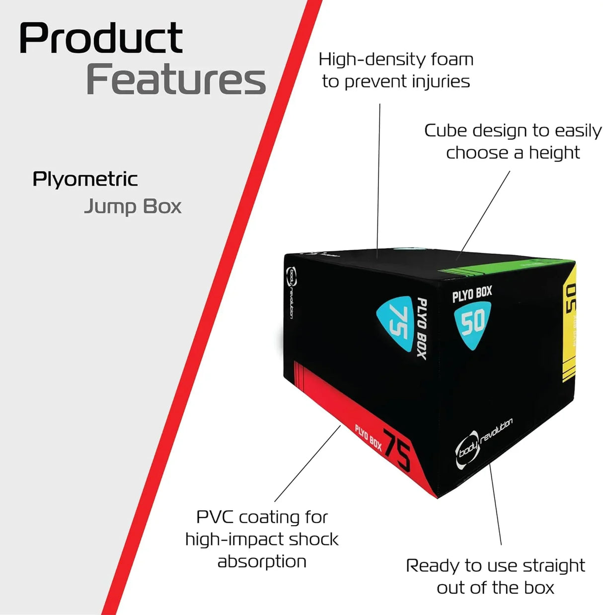 Large Body Revolution Plyo Box featuring a cube design, high-density foam for injury prevention, and durable PVC coating for shock absorption