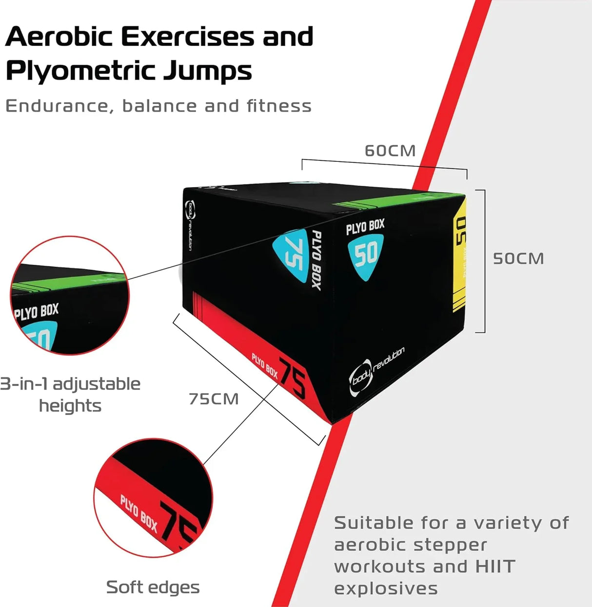 Large Body Revolution Plyo Box with adjustable heights, soft edges, and vibrant colors for aerobic exercises and plyometric jumps