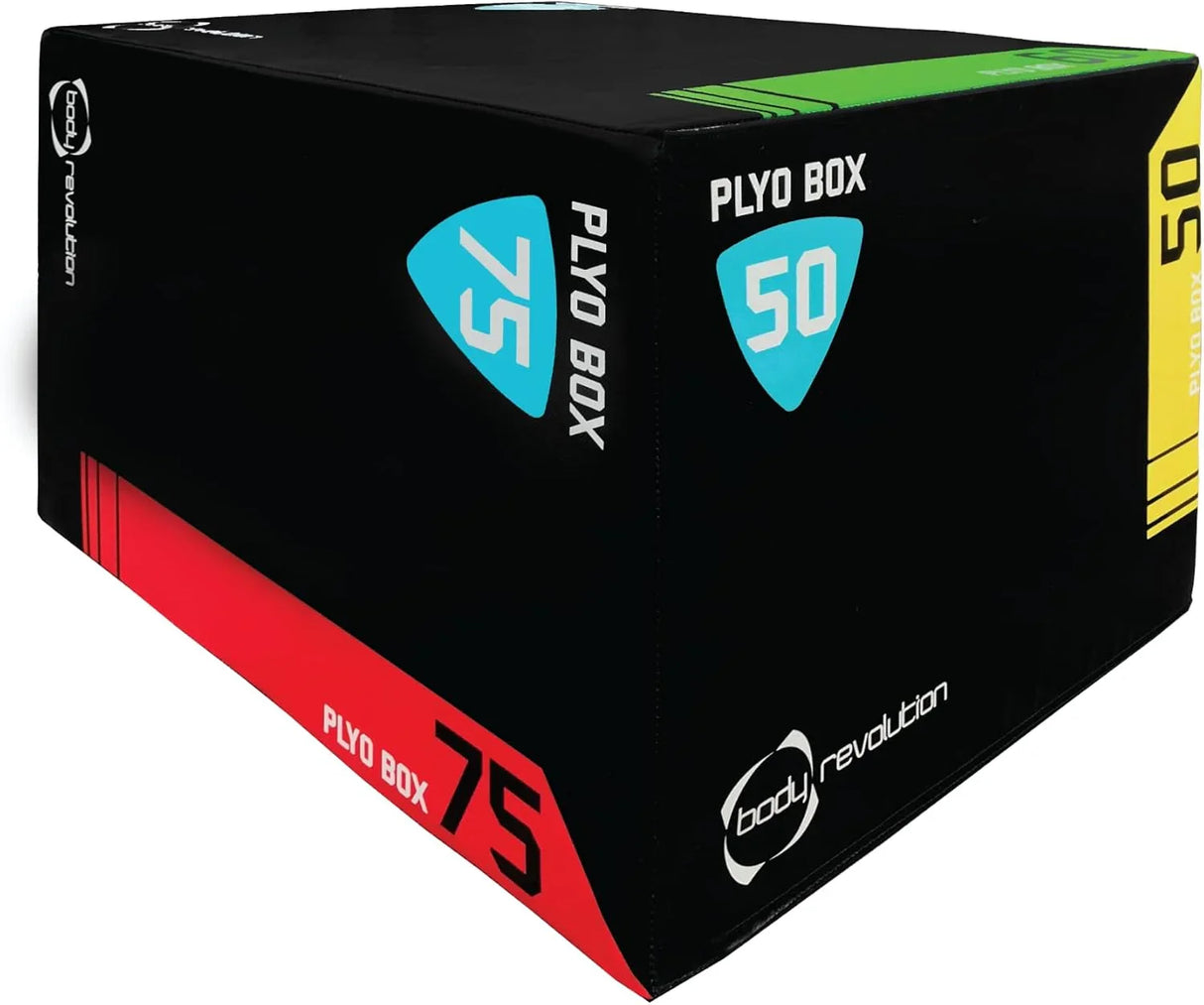 Large Body Revolution Plyo Box with black surface, colorful height indicators, and durable foam construction for safe workouts