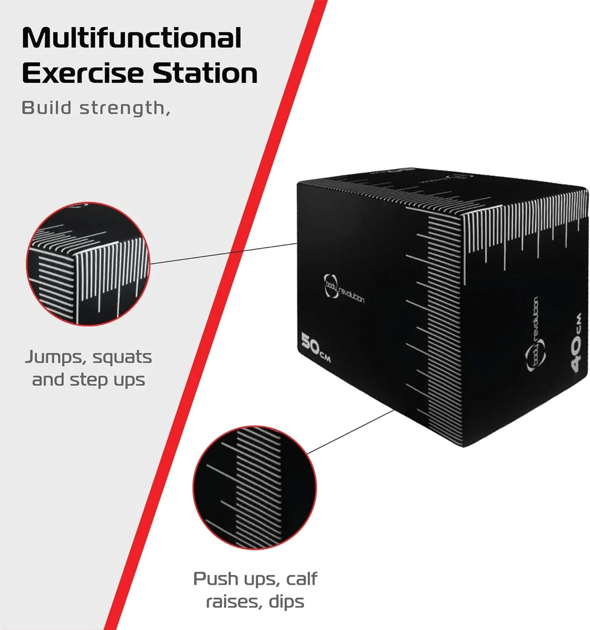 Medium Body Revolution Plyo Box in black with measurement markings, designed for jumps, squats, and step-ups, enhancing workout versatility