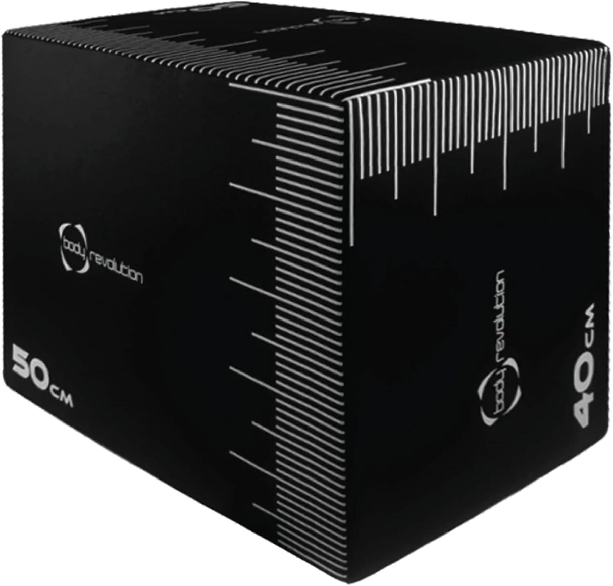 Medium Body Revolution Plyo Box in black with white measurement markings, featuring a sturdy, textured surface for safe jumping and training
