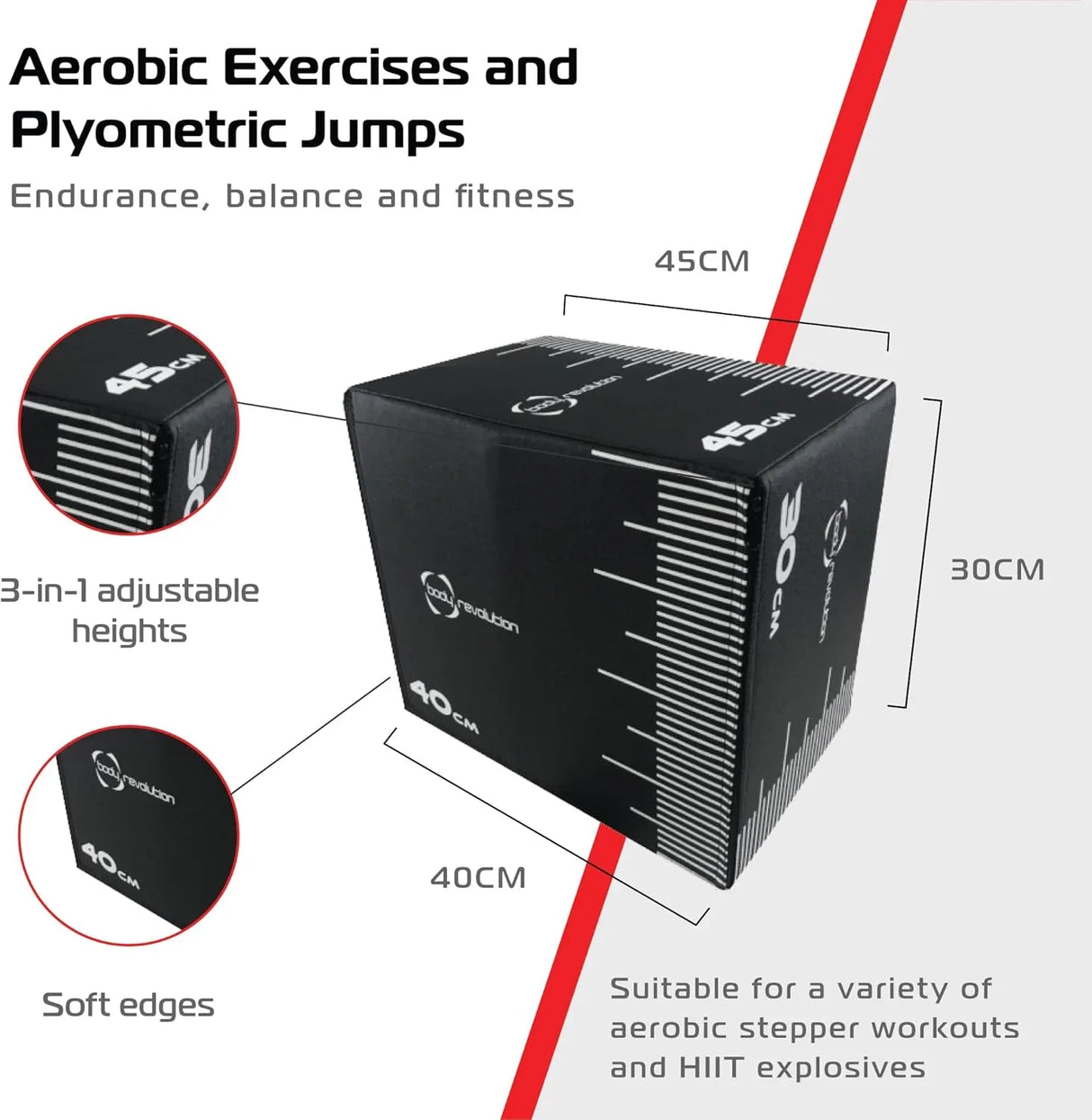 Small Body Revolution Plyo Box in black with adjustable heights, soft edges, and measurement markings for versatile workouts