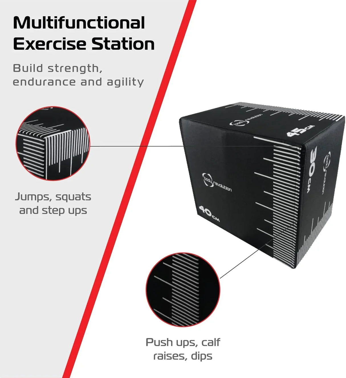 Small Body Revolution Plyo Box with measurement markings, designed for jumps, squats, and push-ups, featuring a sturdy black surface