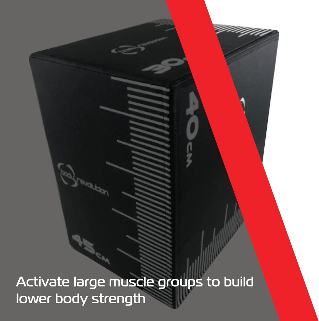 Small Body Revolution Plyo Box in black with measurement markings, designed for strength training and muscle activation