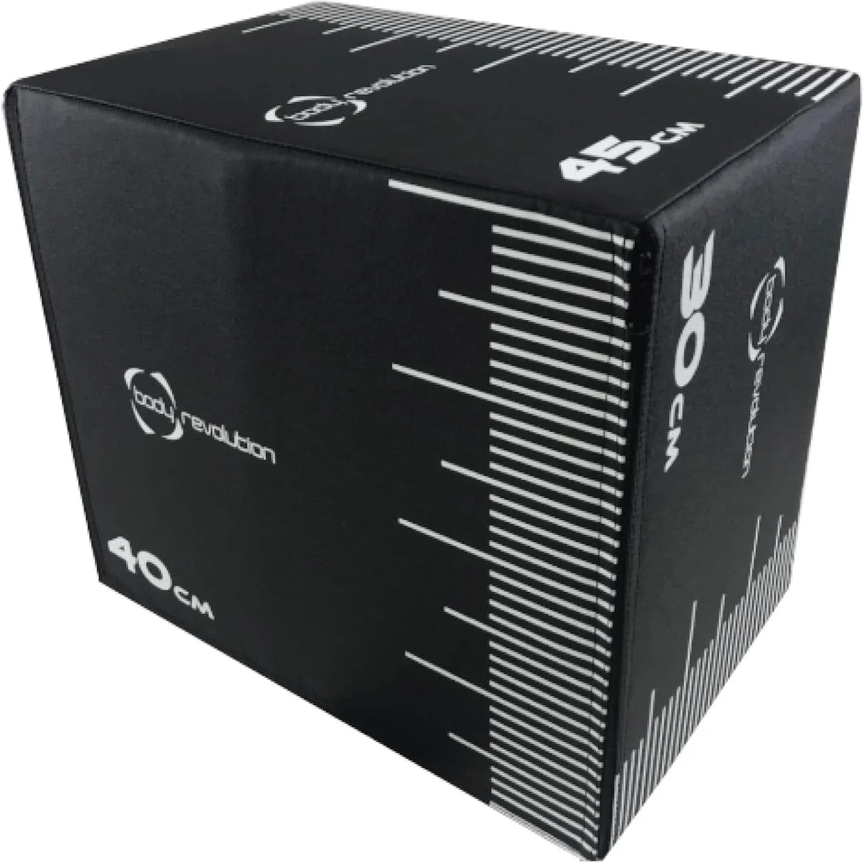 Small Body Revolution Plyo Box in black with white measurement markings, featuring a sturdy, textured surface for safe jumping and training