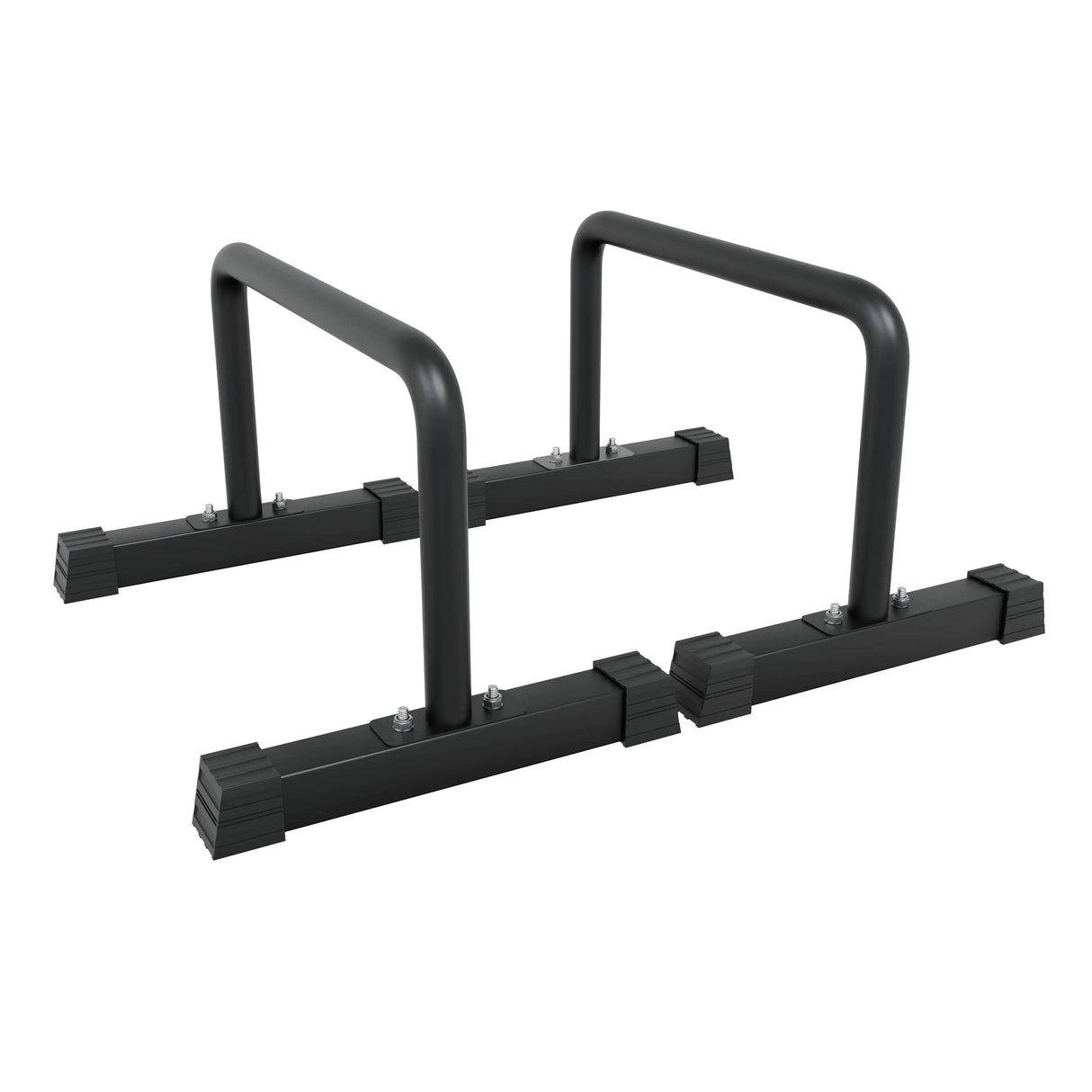 Sturdy black large parallettes with rubber feet, designed for bodyweight exercises, featuring a sleek, minimalist design