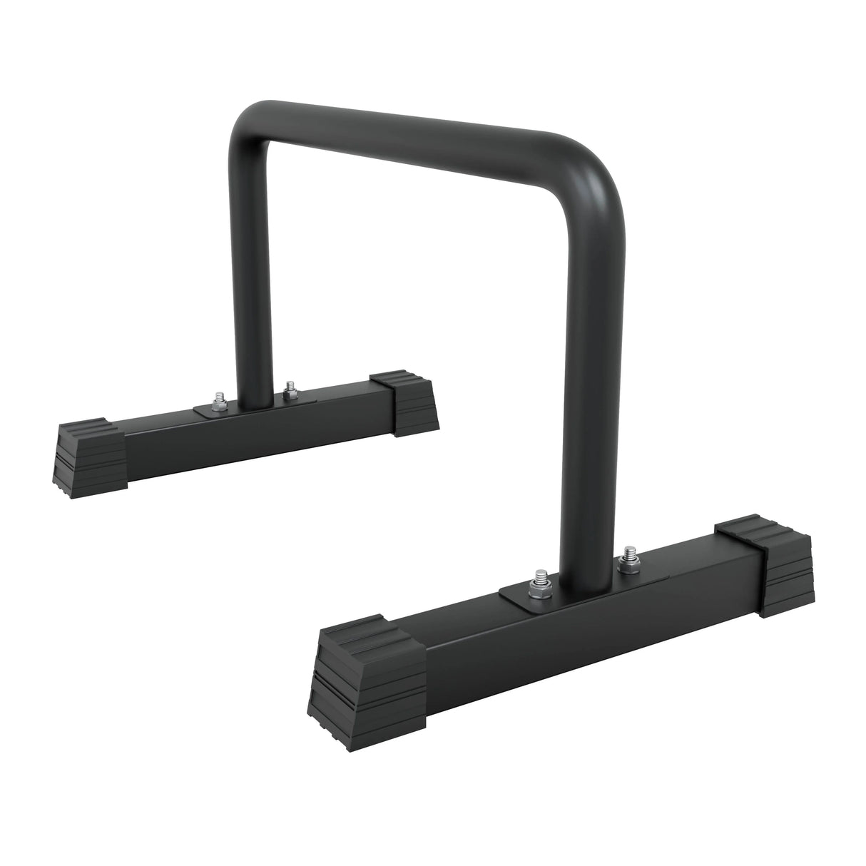 Large parallettes with a sturdy black metal frame, featuring rubberized feet for stability and grip during workouts