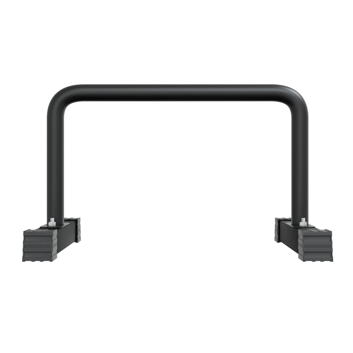 Sturdy black large parallettes with a smooth, rounded top and textured rubber bases for stability during workouts