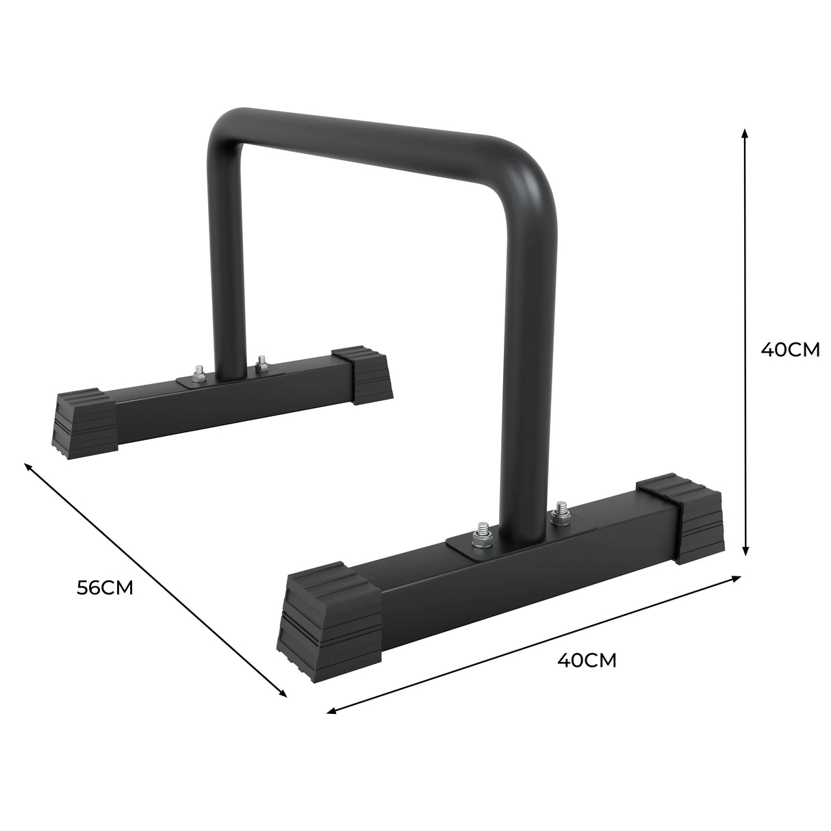 Sturdy black large parallettes with a matte finish, featuring rubber feet for stability and dimensions of 56cm length and 40cm height