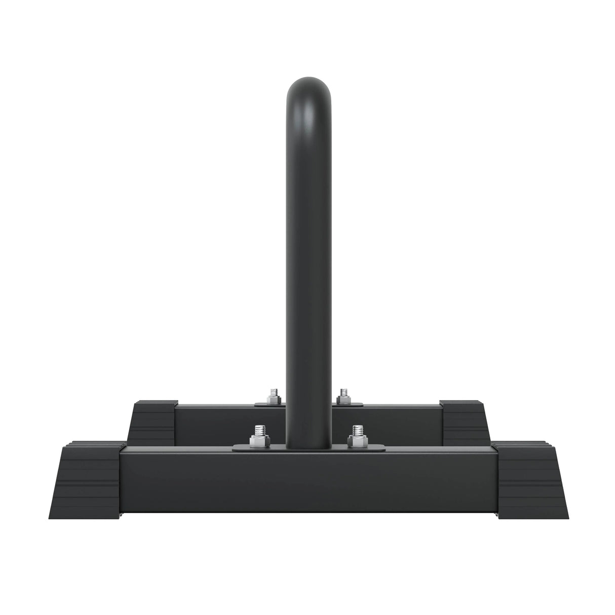 Sturdy black large parallettes with a smooth curved handle and wide, stable base for enhanced grip and support during workouts