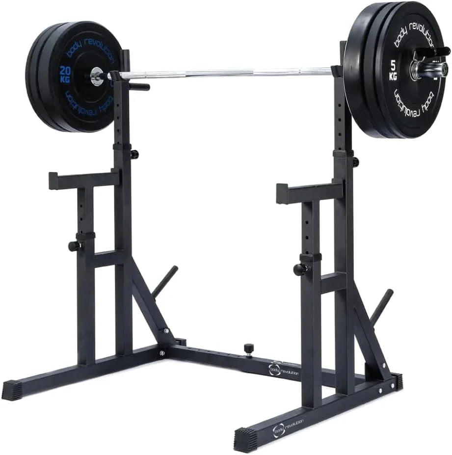 Heavy-duty squat rack with adjustable height, featuring a sturdy black frame and weight plates on the barbell for strength training