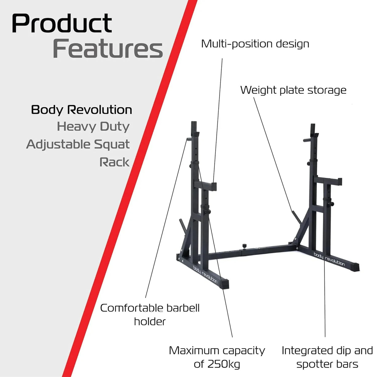 Heavy-duty adjustable squat rack in black, featuring multi-position design, weight plate storage, and integrated dip bars