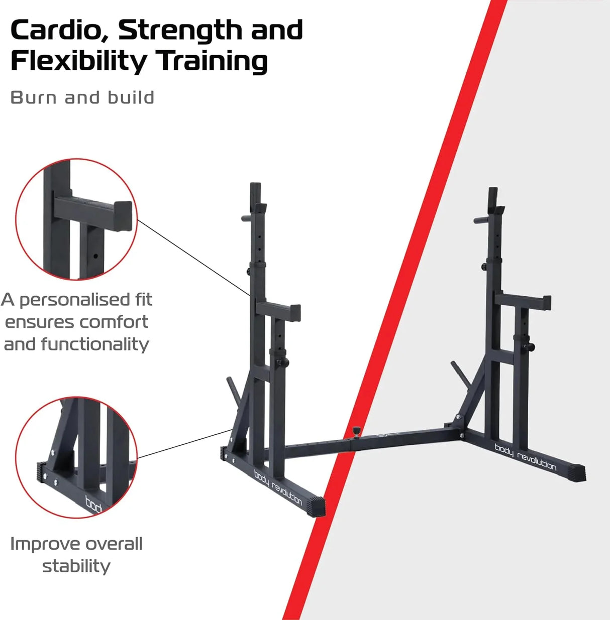 Heavy-duty squat rack in matte black finish, featuring adjustable safety bars and sturdy base for enhanced stability and performance