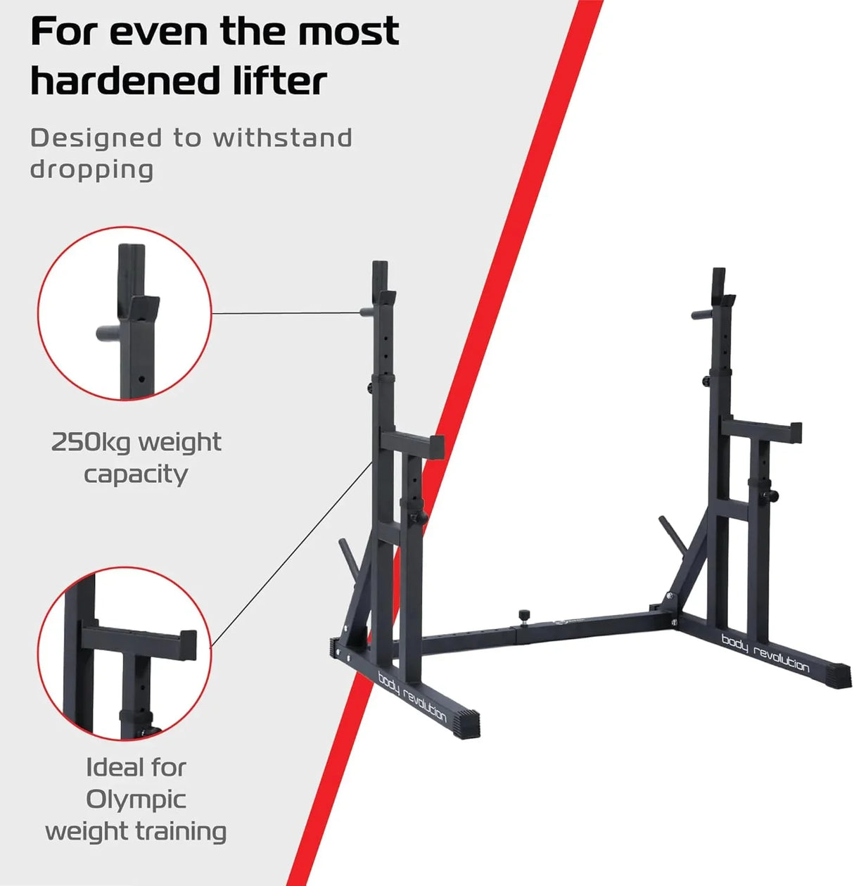 Heavy-duty squat rack in matte black, featuring adjustable height settings and a 250kg weight capacity, ideal for Olympic training