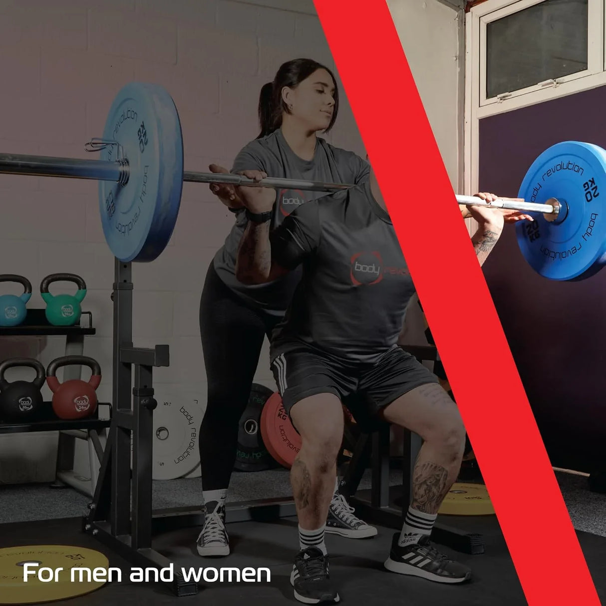 Squat rack with weights, featuring a person performing a squat, showcasing vibrant blue and red plates, ideal for strength training