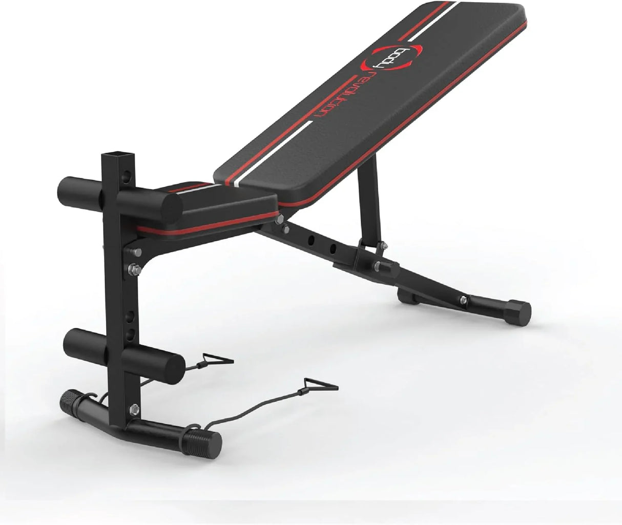 Adjustable weight bench with a sleek black and red design, sturdy metal frame, and textured surface for enhanced grip and comfort