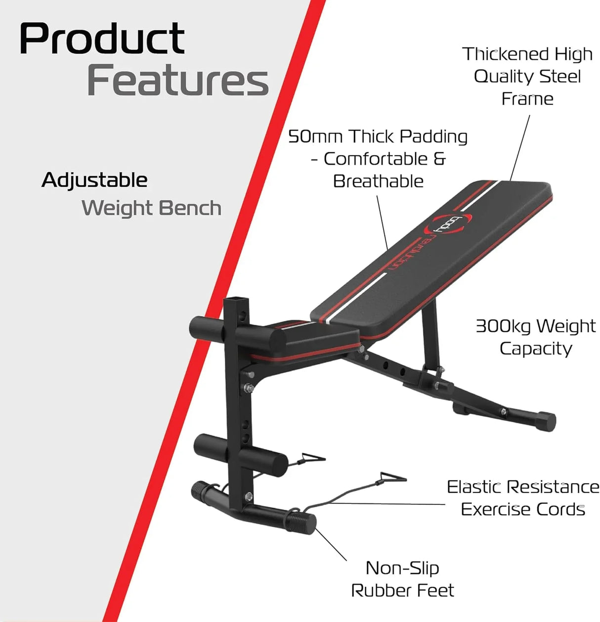 Adjustable weight bench with thick 50mm padding, sturdy steel frame, non-slip rubber feet, and elastic resistance cords for versatile workouts