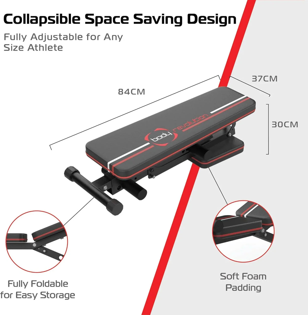 Adjustable weight bench with collapsible design, soft foam padding, and red accents, suitable for any size athlete, easy to store