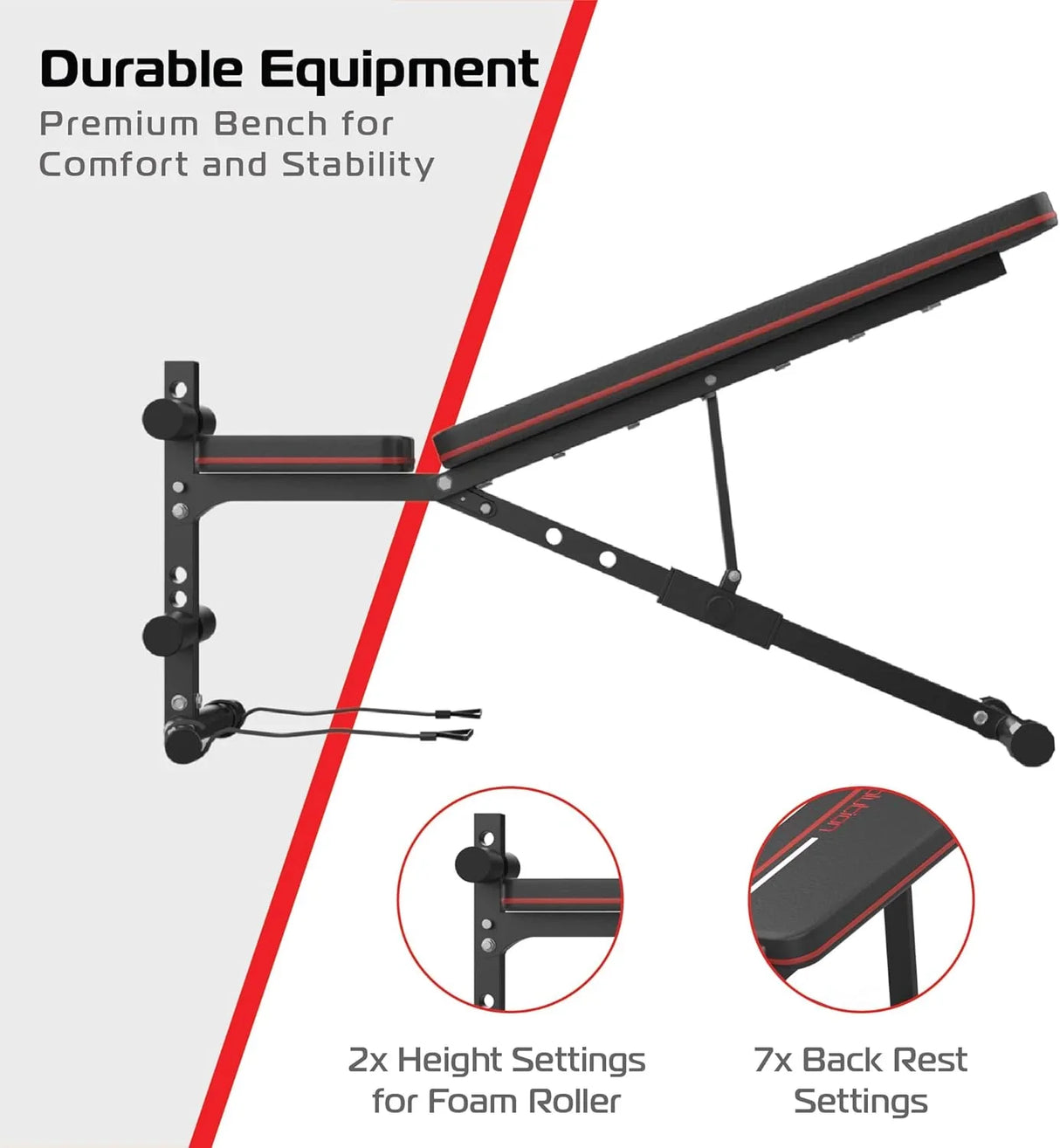 Adjustable weight bench with red accents, featuring multiple height and backrest settings for versatile workouts and stability