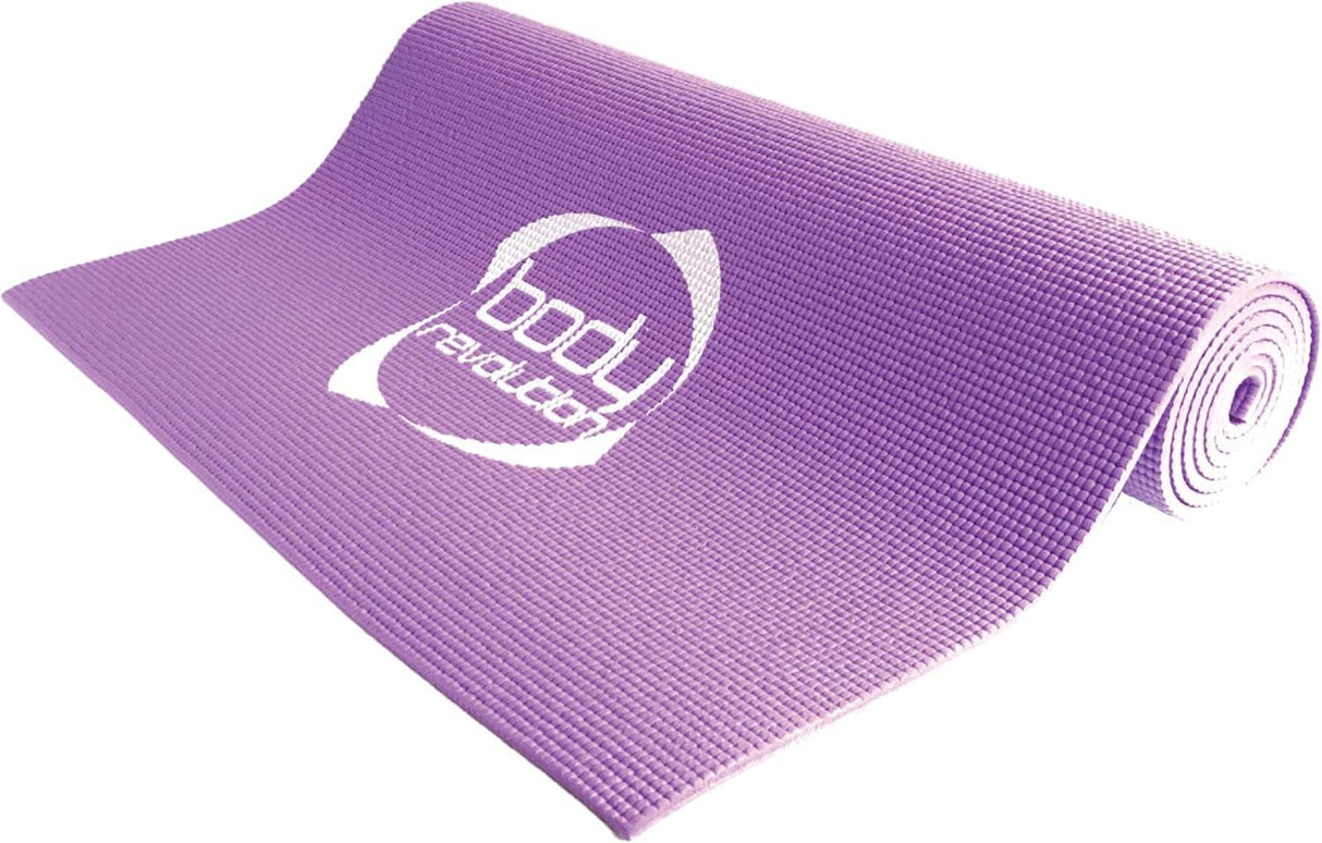 Purple yoga mat with a textured surface, featuring a logo, ideal for comfortable and stable workouts or meditation sessions