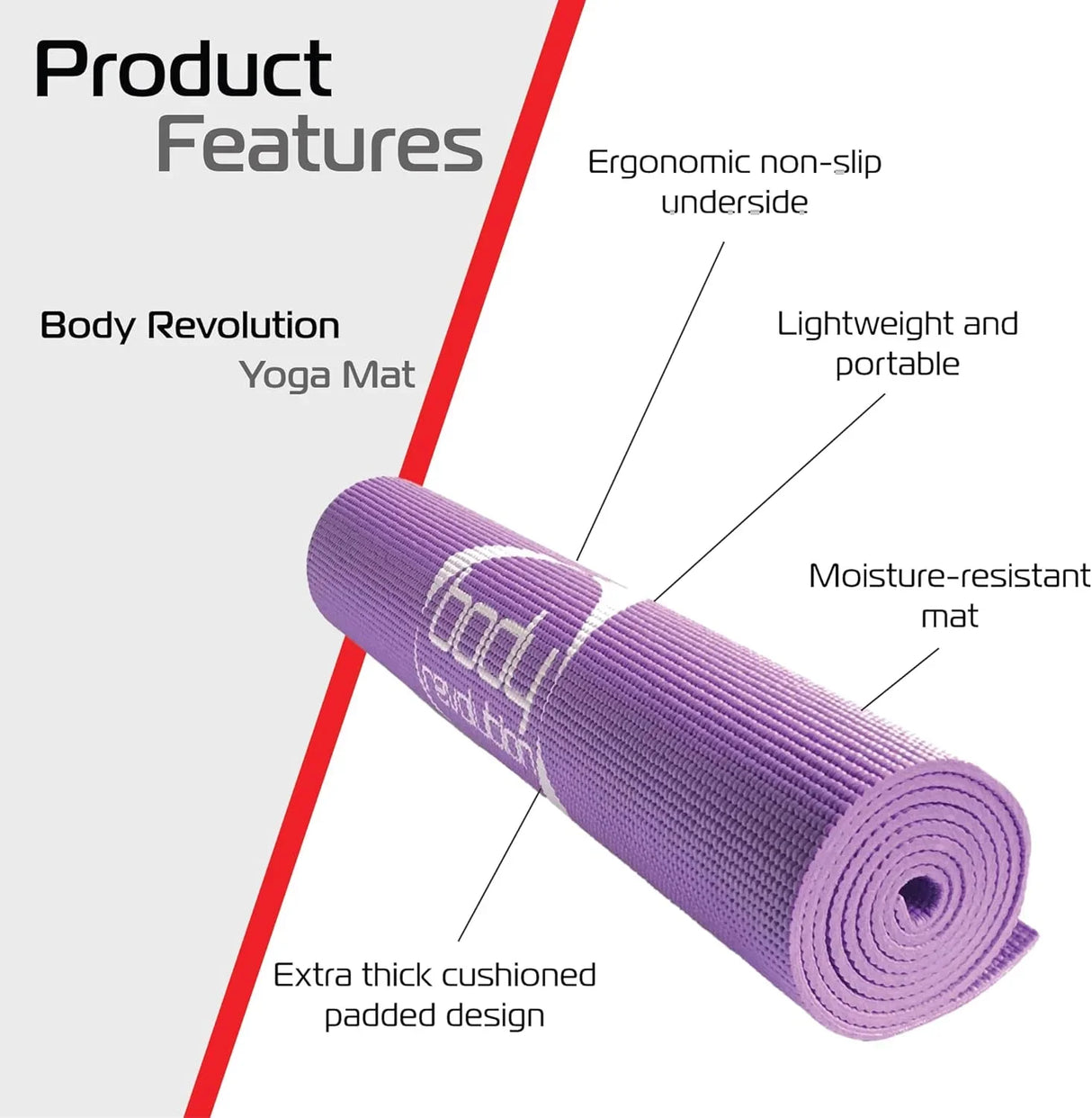 Purple yoga mat with a textured surface, ergonomic non-slip underside, lightweight design, and extra thick cushioning for comfort
