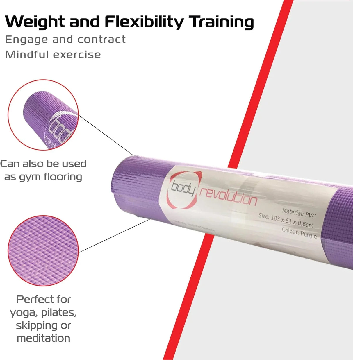 Purple yoga mat made of durable PVC, featuring a textured surface for grip, ideal for yoga, pilates, and gym flooring