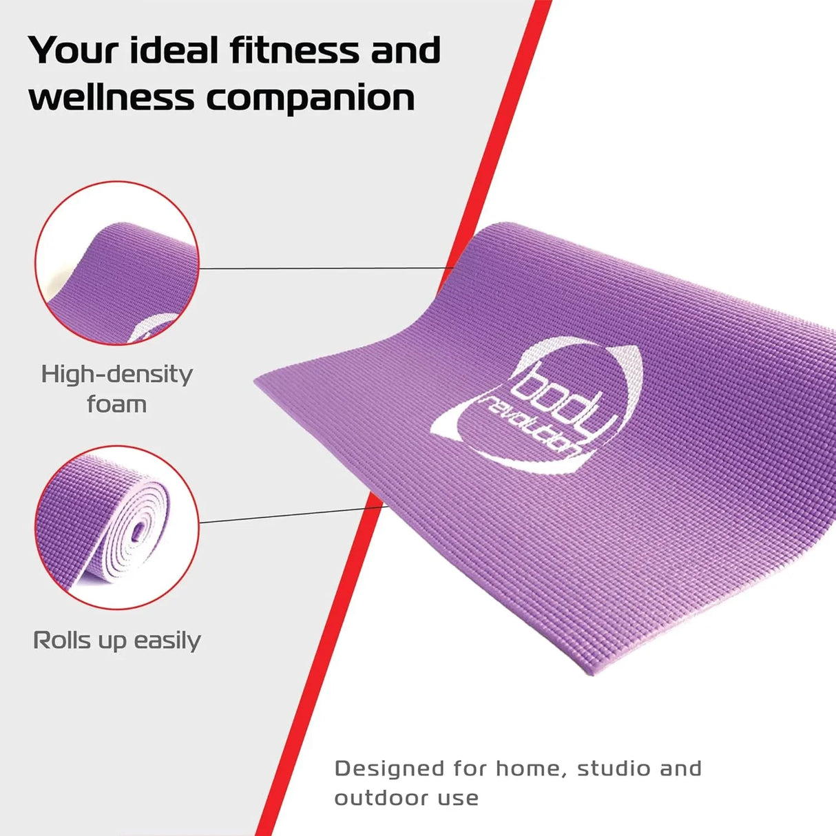 Purple yoga mat made of high-density foam, featuring a textured surface for grip, rolls up easily for storage, ideal for home or studio use