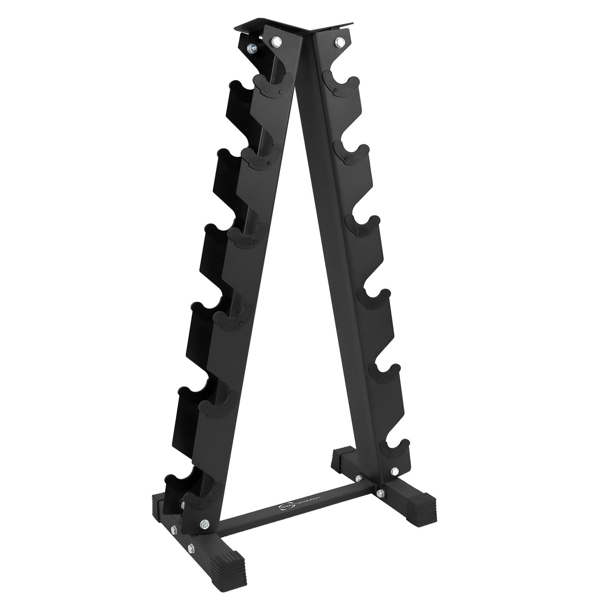 Sturdy black metal dumbbell rack with six tiers, featuring a sleek triangular design and rubber feet for stability and support