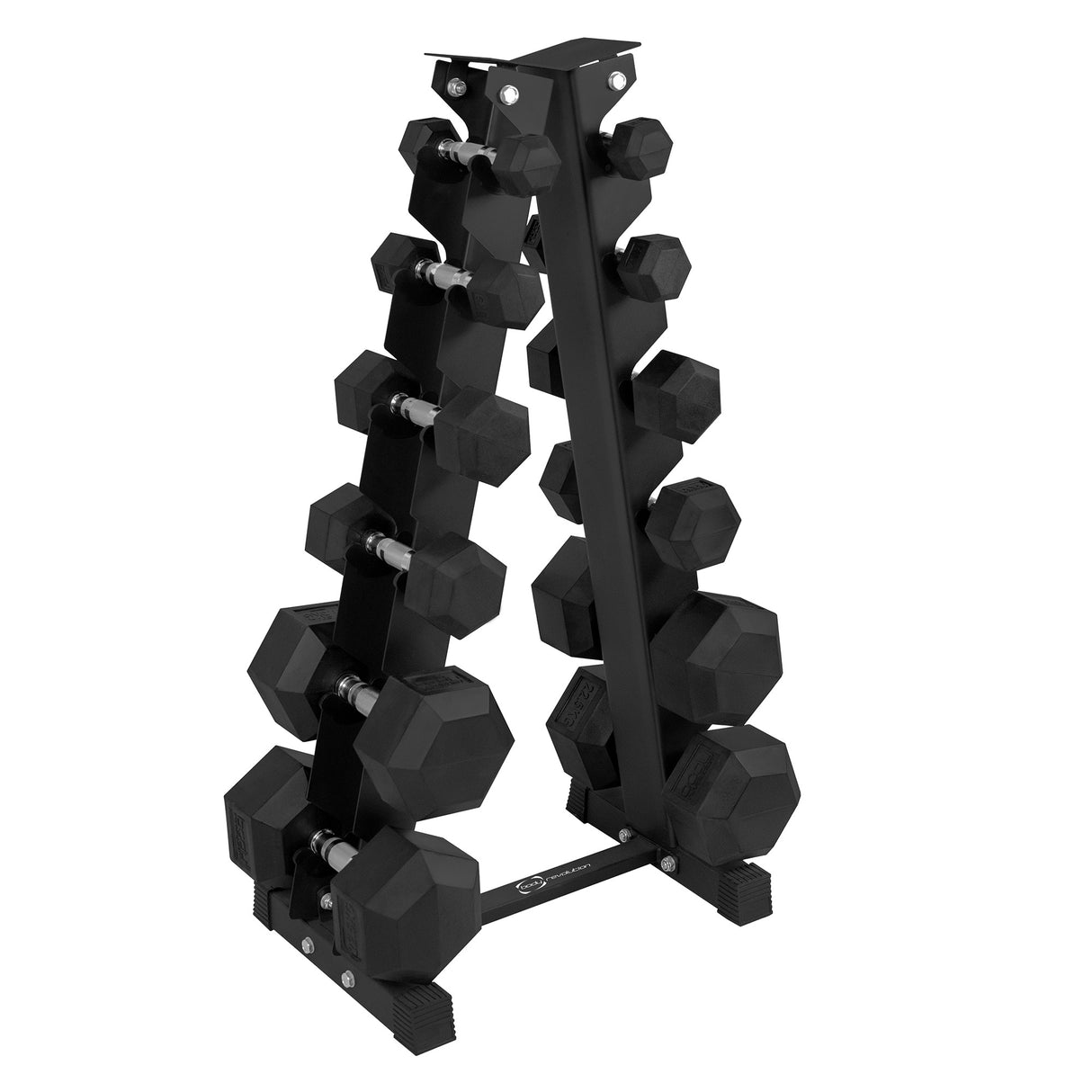 Sturdy black dumbbell rack with six tiers, holding various hexagonal weights, designed for efficient home gym organization