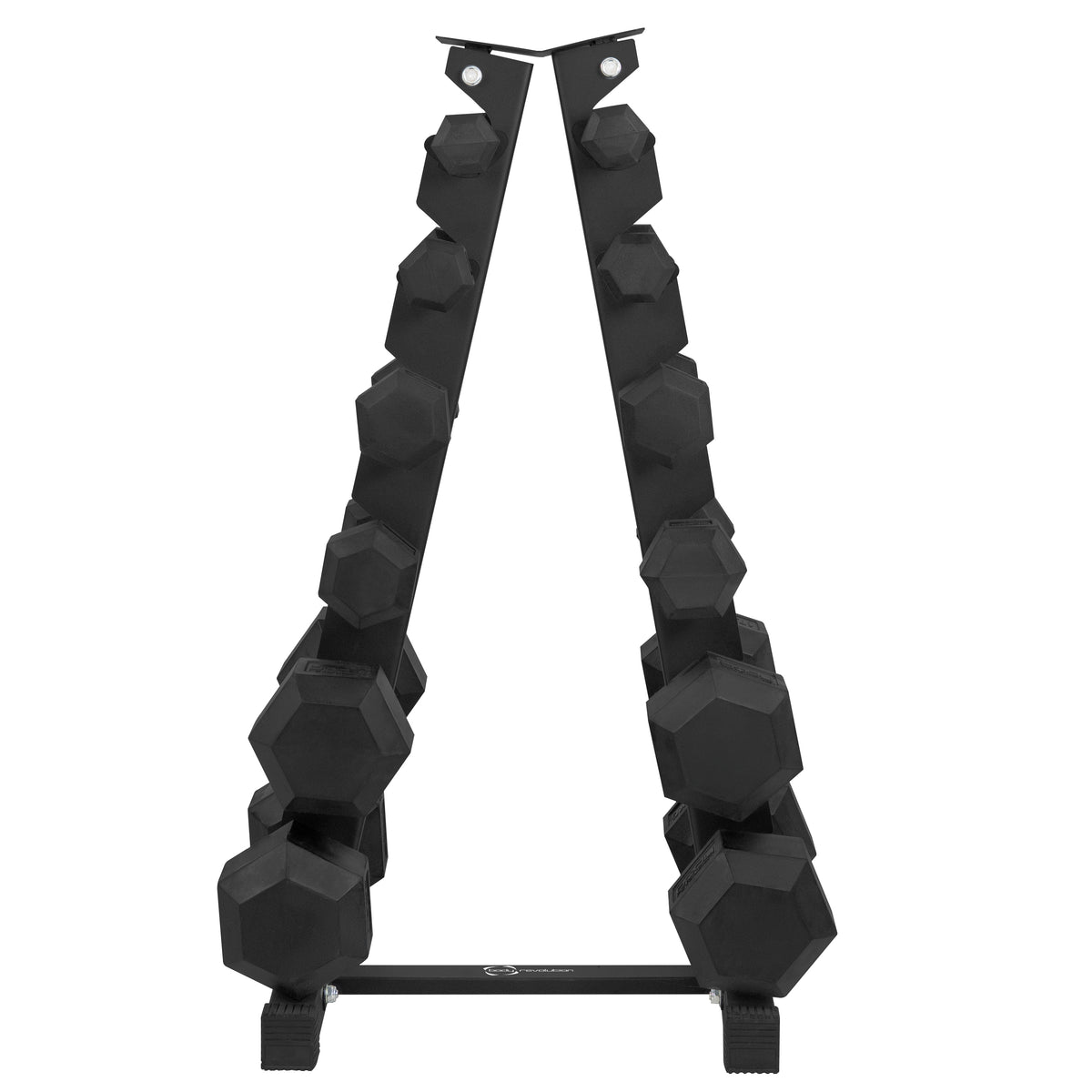 Black hex dumbbell weight rack with six tiers, showcasing a sturdy metal frame and textured rubber grips for secure storage