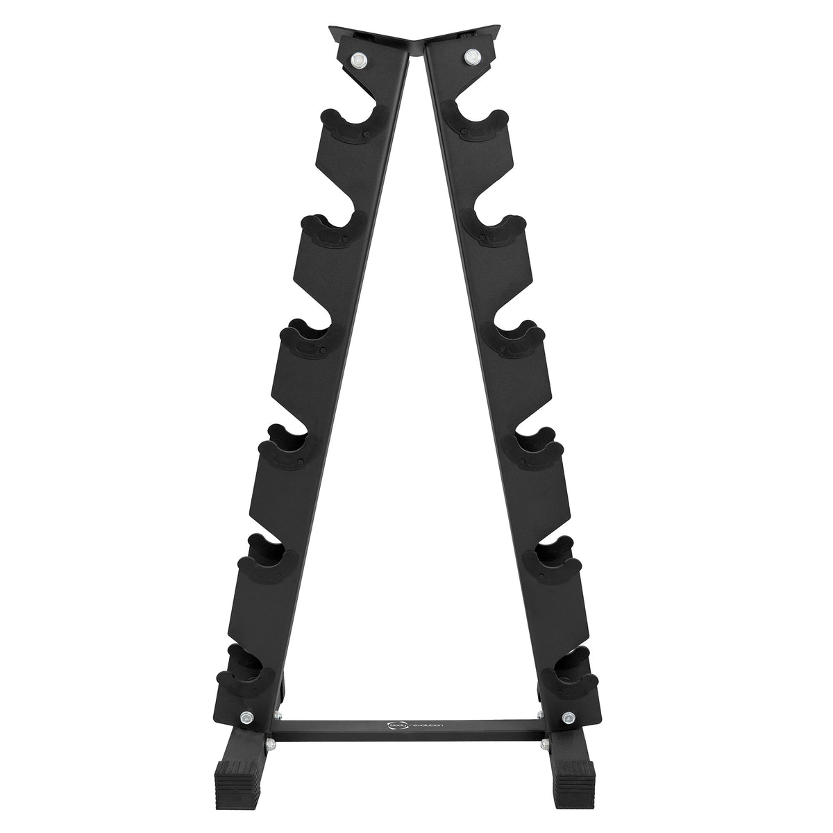 Black metal dumbbell rack with six tiers, featuring sturdy construction and rubberized feet for stability and floor protection