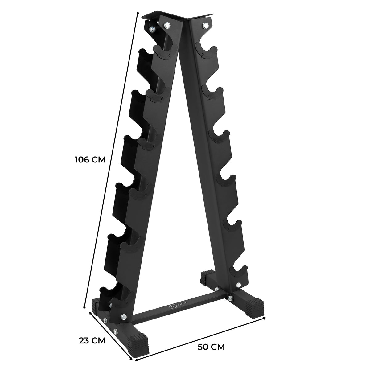 Black dumbbell weight rack with six tiers, featuring a sturdy triangular design and rubber feet for stability, measuring 106 cm tall